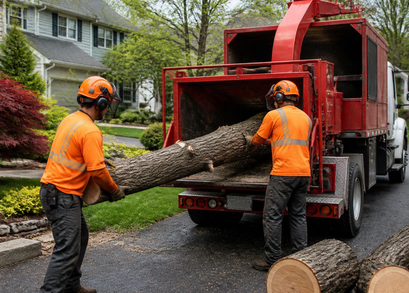 Eli Landscaping and Tree Service crew with wood chipper truck